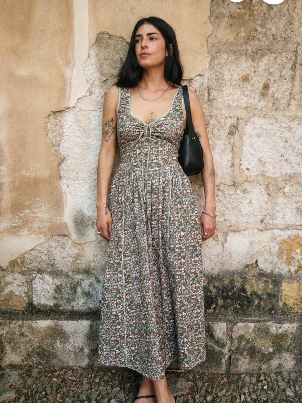 Christy Dawn Olive Green Floral Tie-Front Maxi Dress